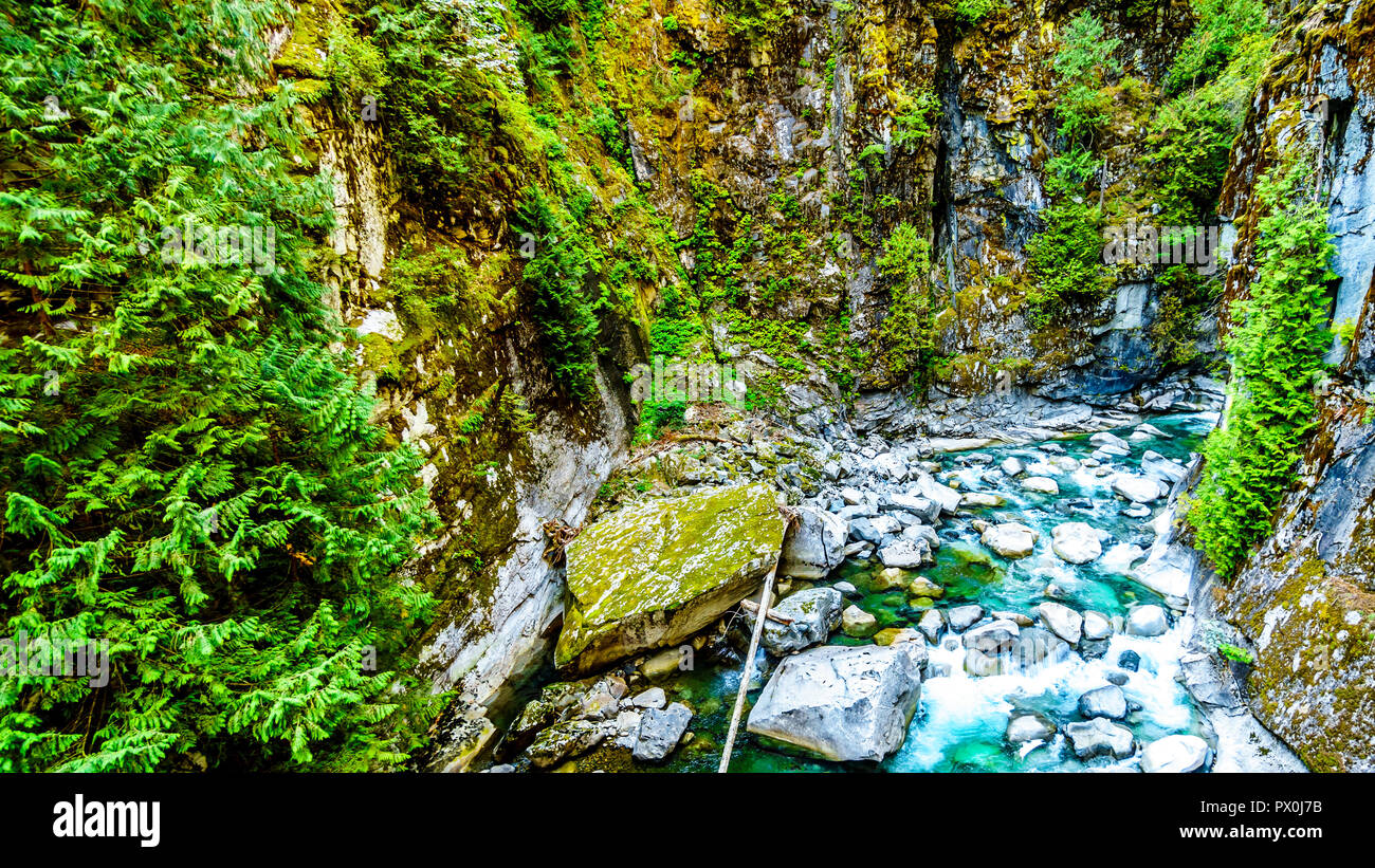 La Coquihalla River en la Coquihalla Canyon y el Parque Provincial de los viejos túneles Othello Kettle Valley Railway de BC en la ciudad de esperanza, Canadá Foto de stock