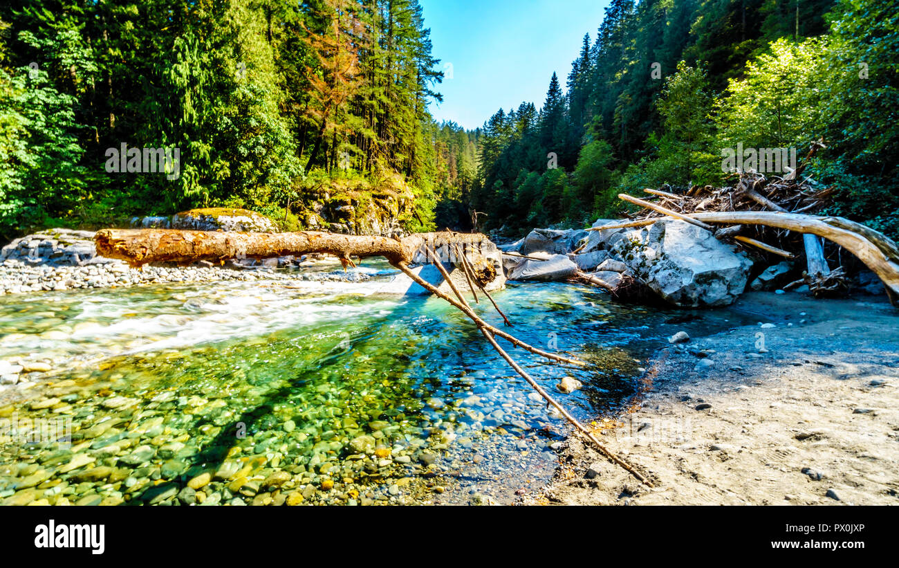 La Coquihalla River en la Coquihalla Canyon y el Parque Provincial de los viejos túneles Othello Kettle Valley Railway de BC en la ciudad de esperanza, Canadá Foto de stock