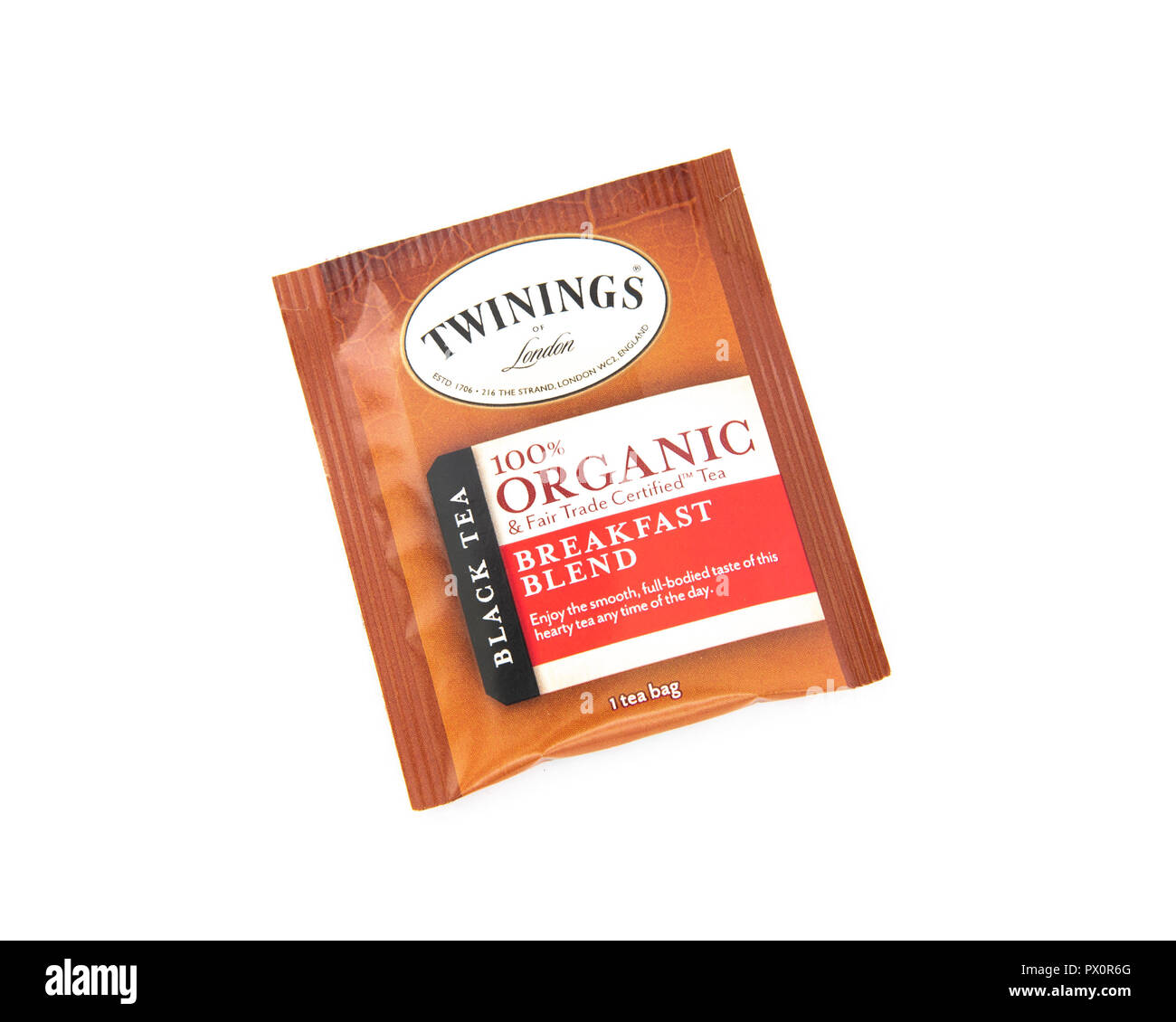 Una bolsa de té de Twinings de Londres 100% puro negro descafeinado té Desayuno Inglés envuelto en una bolsa de aluminio para preservar su frescura. Foto de stock