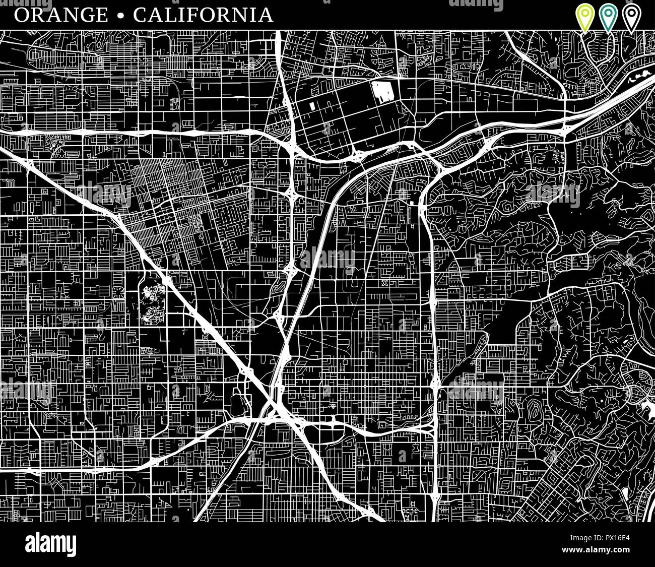 Mapa sencillo de Orange, California, Estados Unidos. Versión en blanco