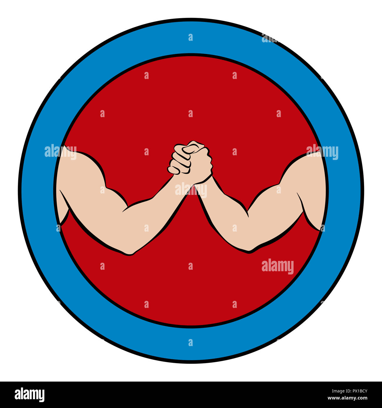 Arm wrestling logo. Pictograma redondo con centro rojo y marco azul. Ilustración de dos fuertes, musculosos brazos en la competencia. Foto de stock