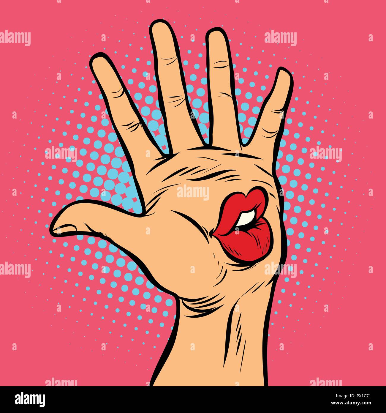 Beso labios boca emoción, hi cinco gestos de mano Ilustración del Vector