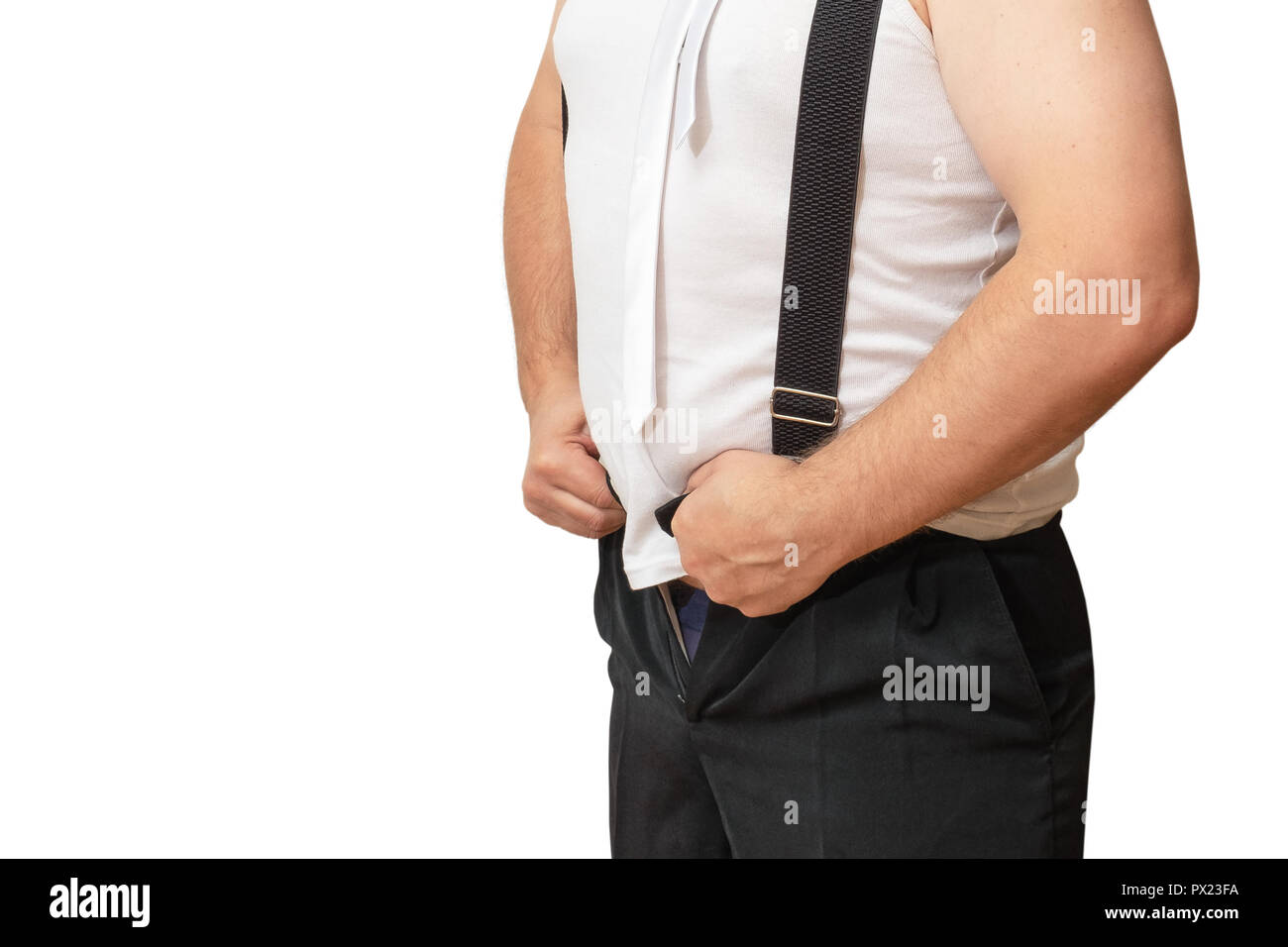 Un hombre con un gran vientre está tratando de fijar su pantalón. Un hombre de gran vientre, como para decir que es tiempo para perder peso. Foto de stock