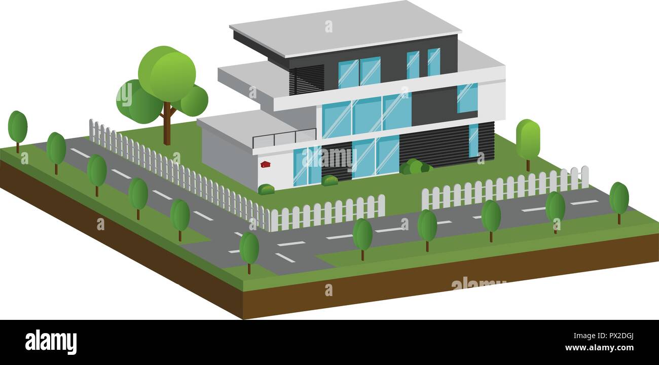 Casas modernas 3D y medio ambiente con árboles, vallas y caminos,  isométricos de la construcción y de la arquitectura moderna junto con las  carreteras y árbol, lisa home ve Imagen Vector de