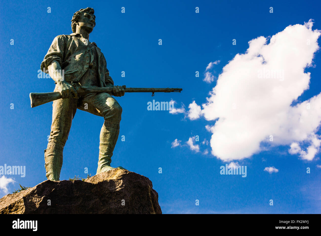 El Minuteman estatua Lexington Battle Green _ Lexington, Massachusetts, EE.UU. Foto de stock