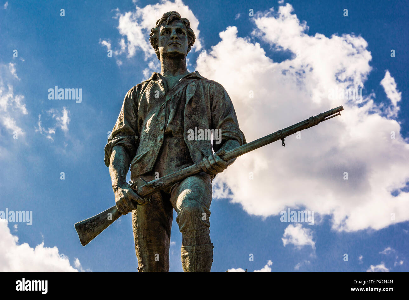 El Minuteman estatua Lexington Battle Green _ Lexington, Massachusetts, EE.UU. Foto de stock