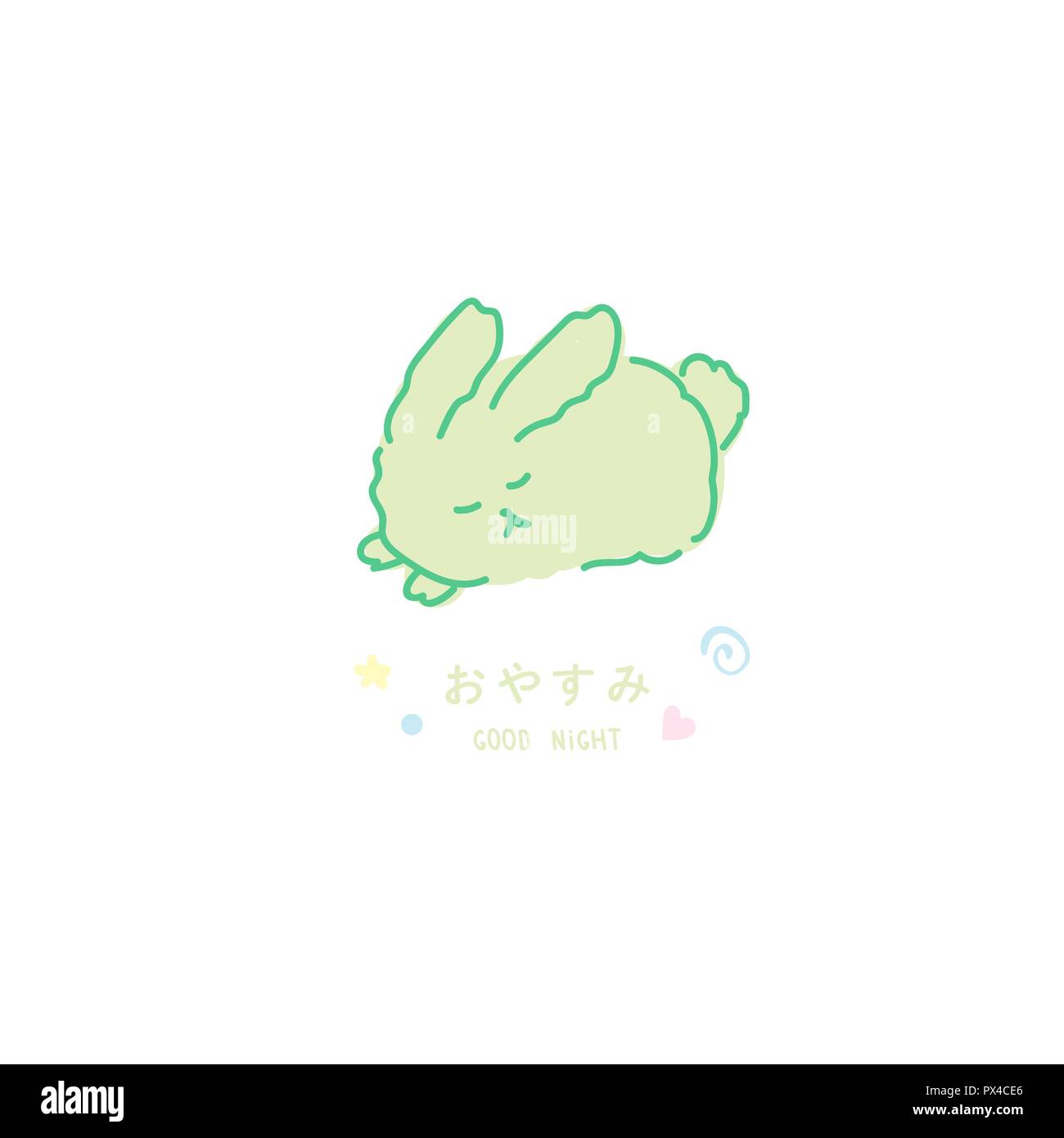 Conejito verde tarjeta de diseño con deseos de Buenas Noches en los idiomas inglés y japonés kawaii Conejo de Pascua vector diseño aislado en blanco Ilustración del Vector
