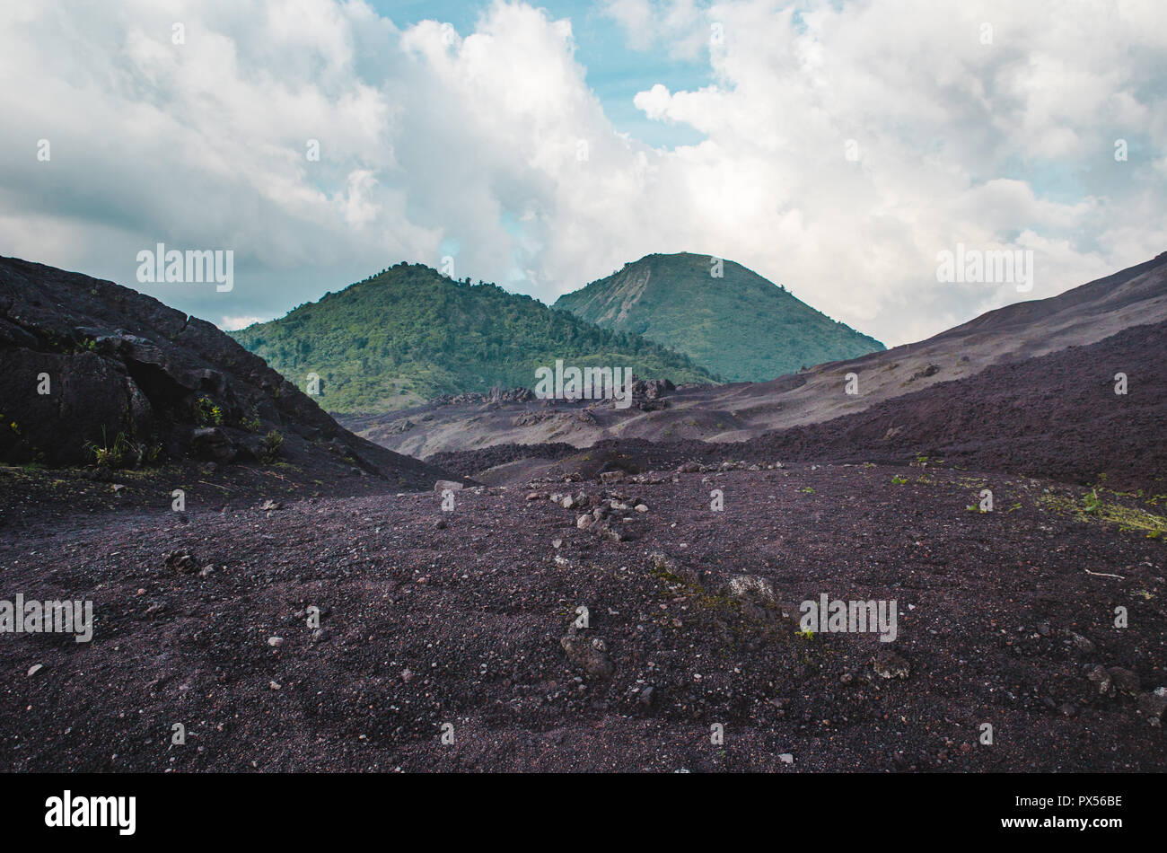 Paisajes cambiantes alrededor del Volcán Pacaya, uno de los volcanes más activos de Guatemala, de roca volcánica negra de exuberantes bosques verdes Foto de stock