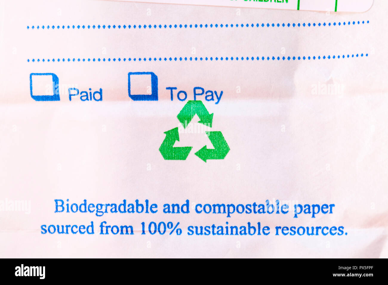 Información sobre prescripción farmacia bolsa con casillas para pagado o por pagar, biodegradable y compostable papel 100% procedentes de recursos sostenibles Foto de stock