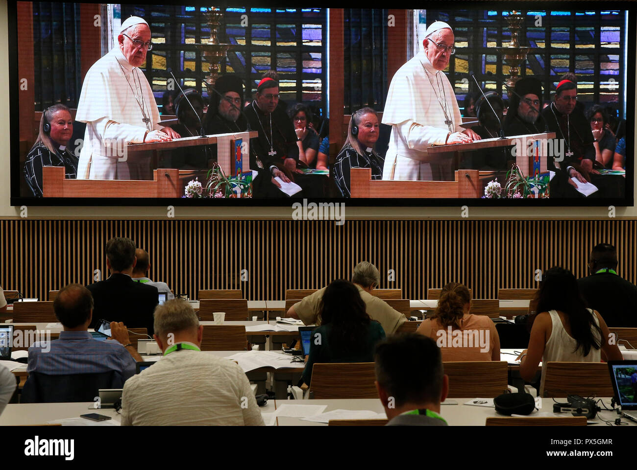 El 21 de junio de 2018, el Consejo Mundial de Iglesias recibe la visita del Papa a Francisco de la Iglesia Católica Romana. Oración ecuménica vista desde th Foto de stock