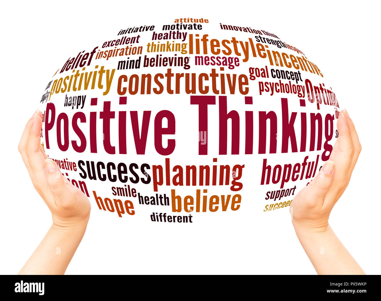 El pensamiento positivo, la palabra nube esfera mano concepto sobre fondo blanco. Foto de stock