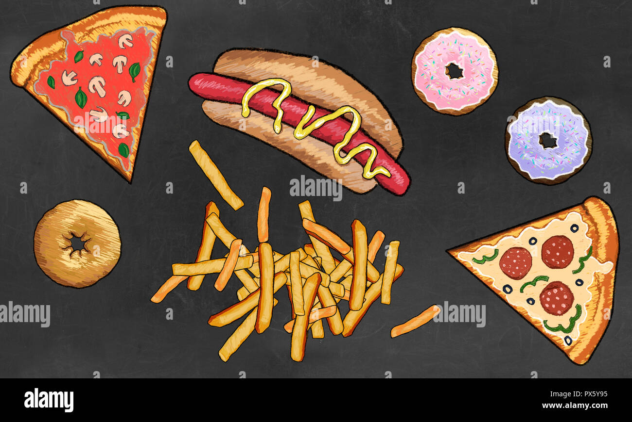 La comida chatarra como Dougnuts, papas fritas, pizza y Hot Dog ilustrada  en la pizarra Fotografía de stock - Alamy
