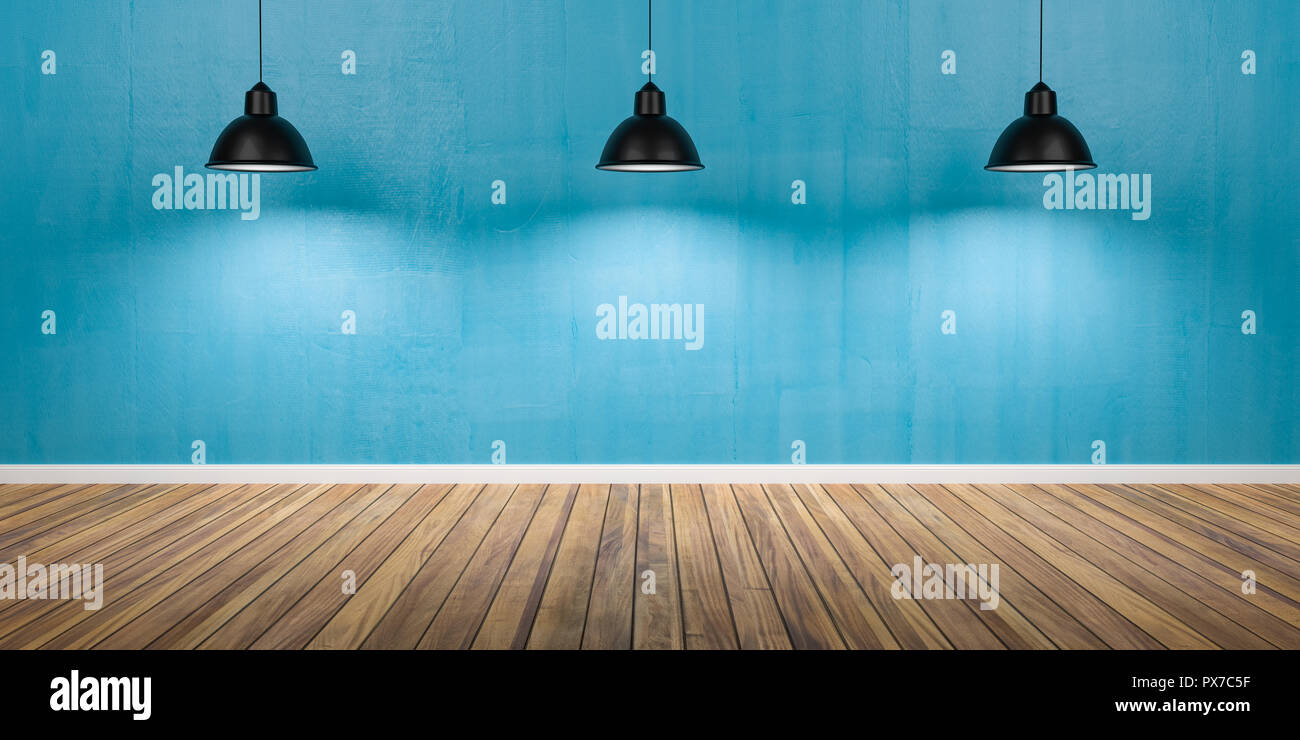 Habitación con tres lámparas, cemento pared azul y piso de madera 3D Ilustración. Foto de stock