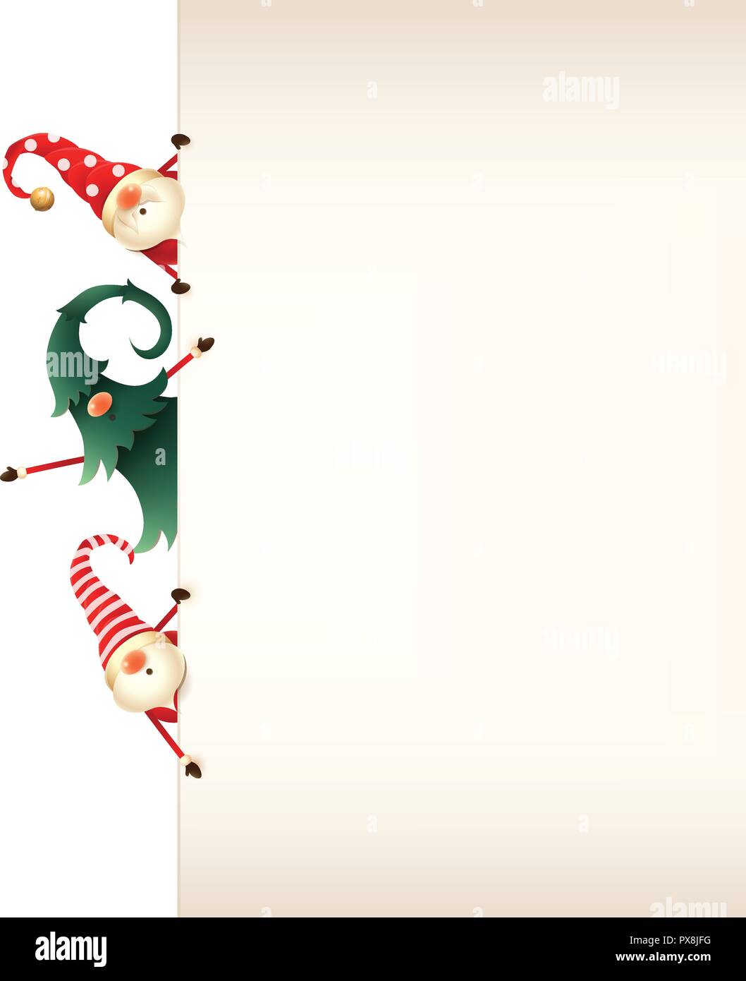 Plantilla de tarjeta de felicitación de Navidad. Tres gnomos de Navidad  mirar detrás de cartel sobre fondo transparente Imagen Vector de stock -  Alamy