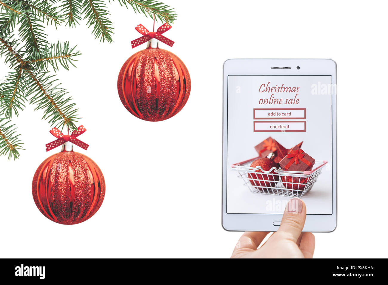 Joven recepción solo Venta online de Navidad. Tablet para comprar regalos en línea sobre un  fondo blanco Fotografía de stock - Alamy