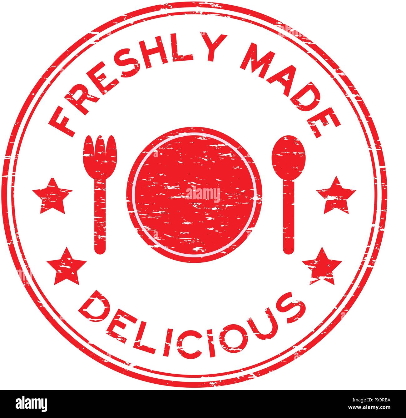 Grunge rojo delicioso recién hecho con plato, cuchara, tenedor icono sello de goma redondos Ilustración del Vector
