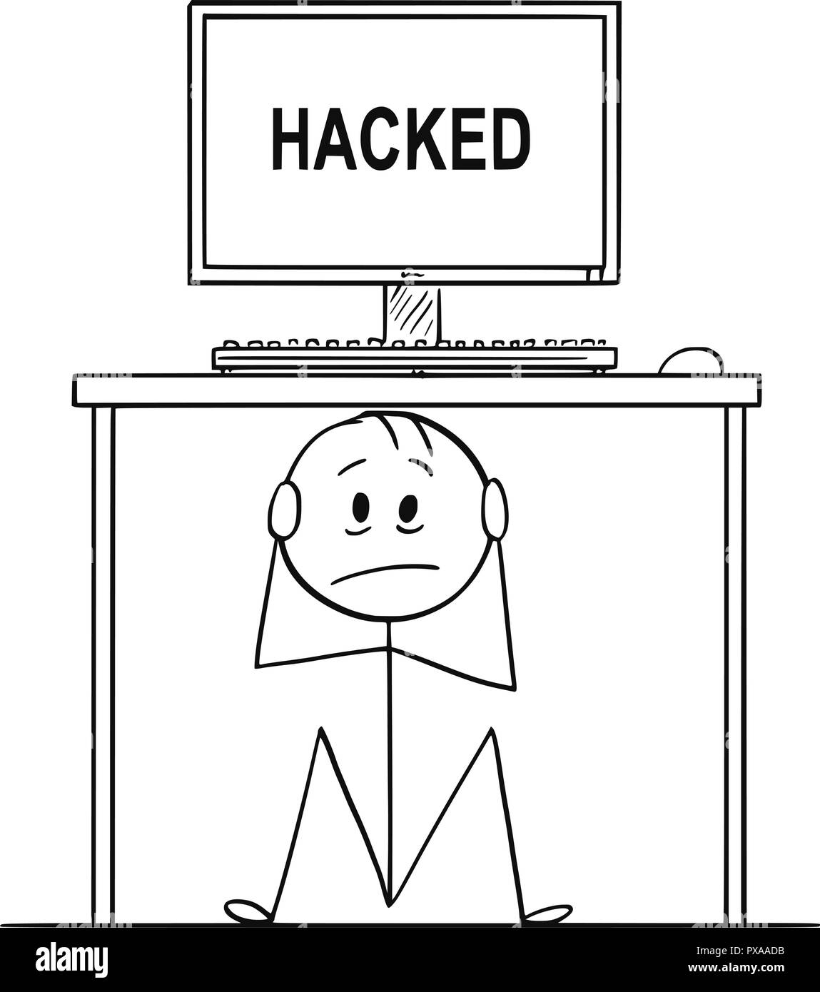 Caricatura de hombre o empresario sentado oculto bajo el escritorio con ordenador con texto hackeado Ilustración del Vector