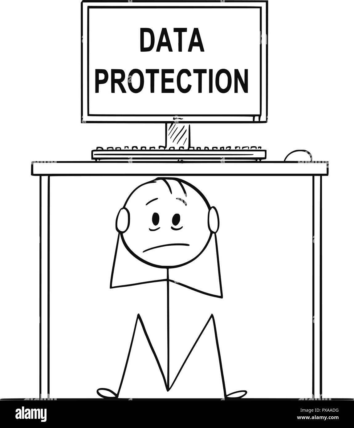 Caricatura de hombre o empresario sentado oculto bajo el escritorio con ordenador con texto de protección de datos Ilustración del Vector