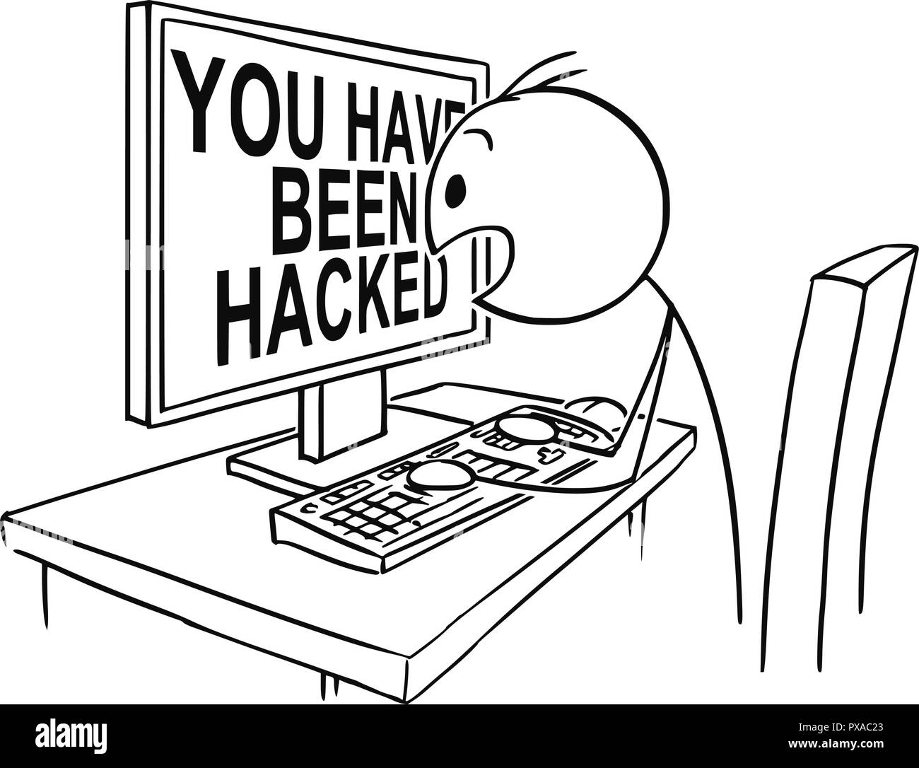 Caricatura de hombre o empresario viendo en la pantalla de la computadora de pánico con vosotros han sido hackeado mensaje Ilustración del Vector