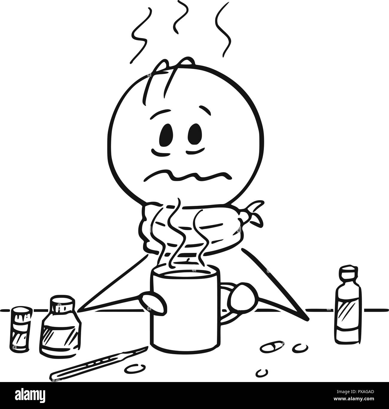 Caricatura de hombre enfermo con gripe y fiebre beber té caliente. Ilustración del Vector