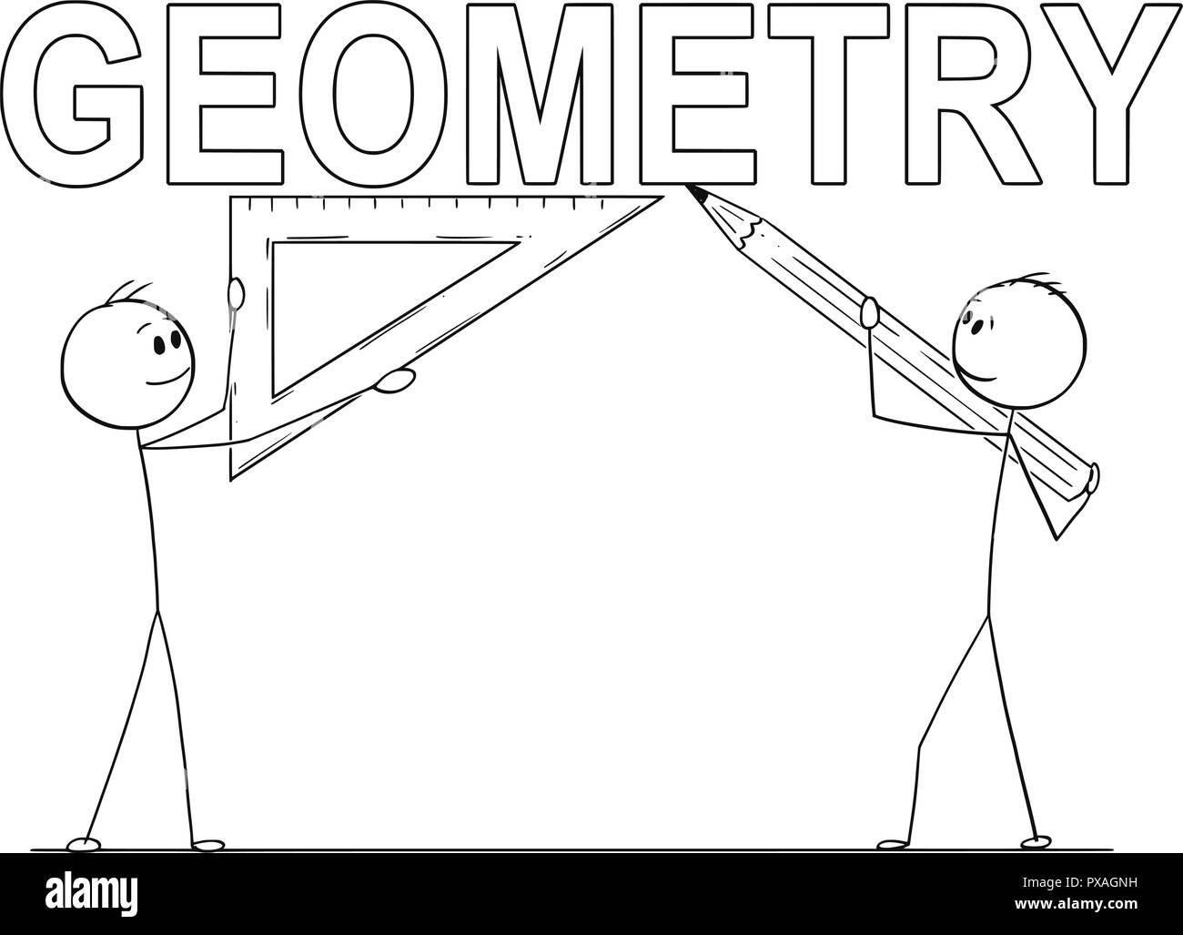 Caricatura de dos hombres que ocupan Lápiz y Regla del triángulo y escribir texto de geometría Ilustración del Vector