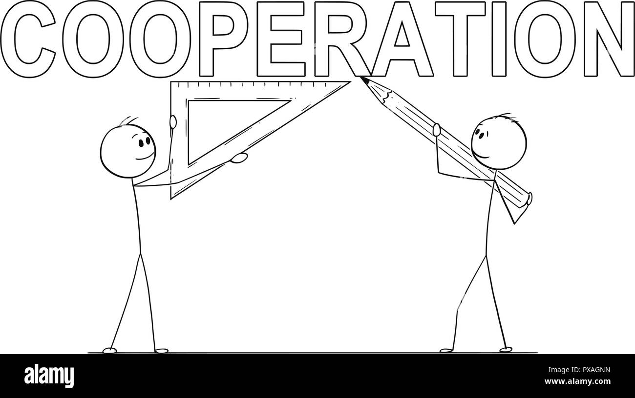Caricatura de dos hombres de negocios la celebración de lápiz y Regla de triángulo y escribir texto de cooperación Ilustración del Vector