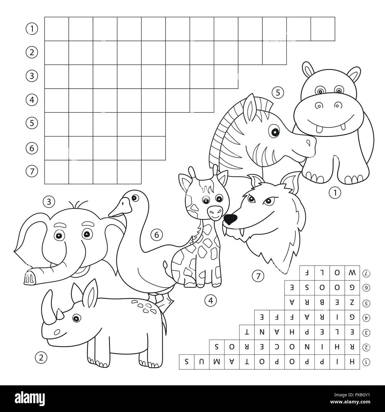 Lirio musical Túnica Página de libro para colorear de crucigramas, juegos educativos para niños  acerca de los animales Imagen Vector de stock - Alamy