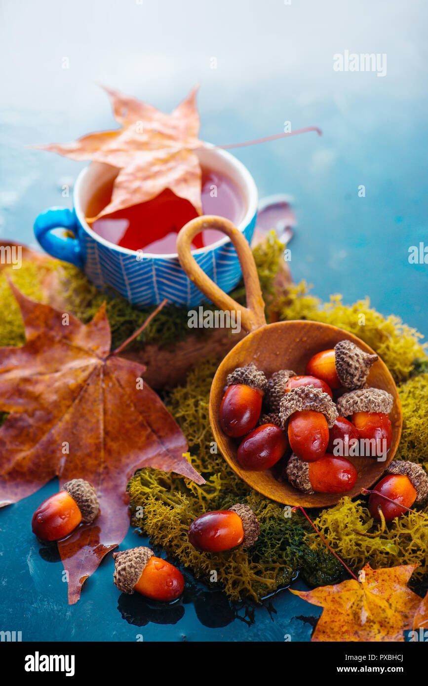 Bebida de otoño fotografía con té caliente en una taza de cerámica azul, bellotas en una cuchara de madera y hojas de arce caído sobre un fondo oscuro y húmedo con espacio de copia. Foto de stock