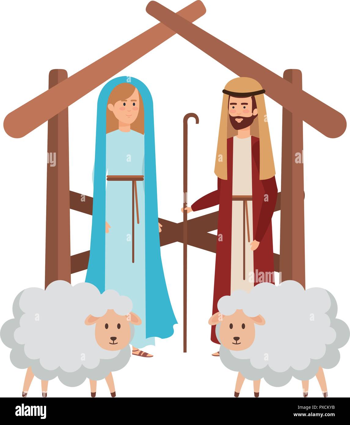 La Virgen María y a san José con ovejas Ilustración del Vector