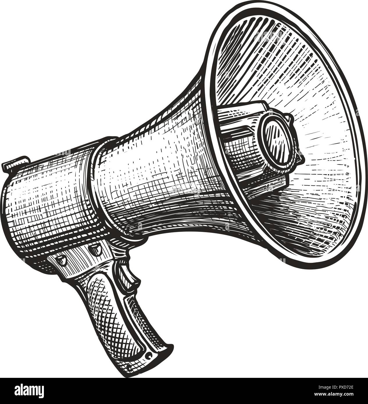 Megáfono, megafonía sketch. Vintage dibujado a mano ilustración