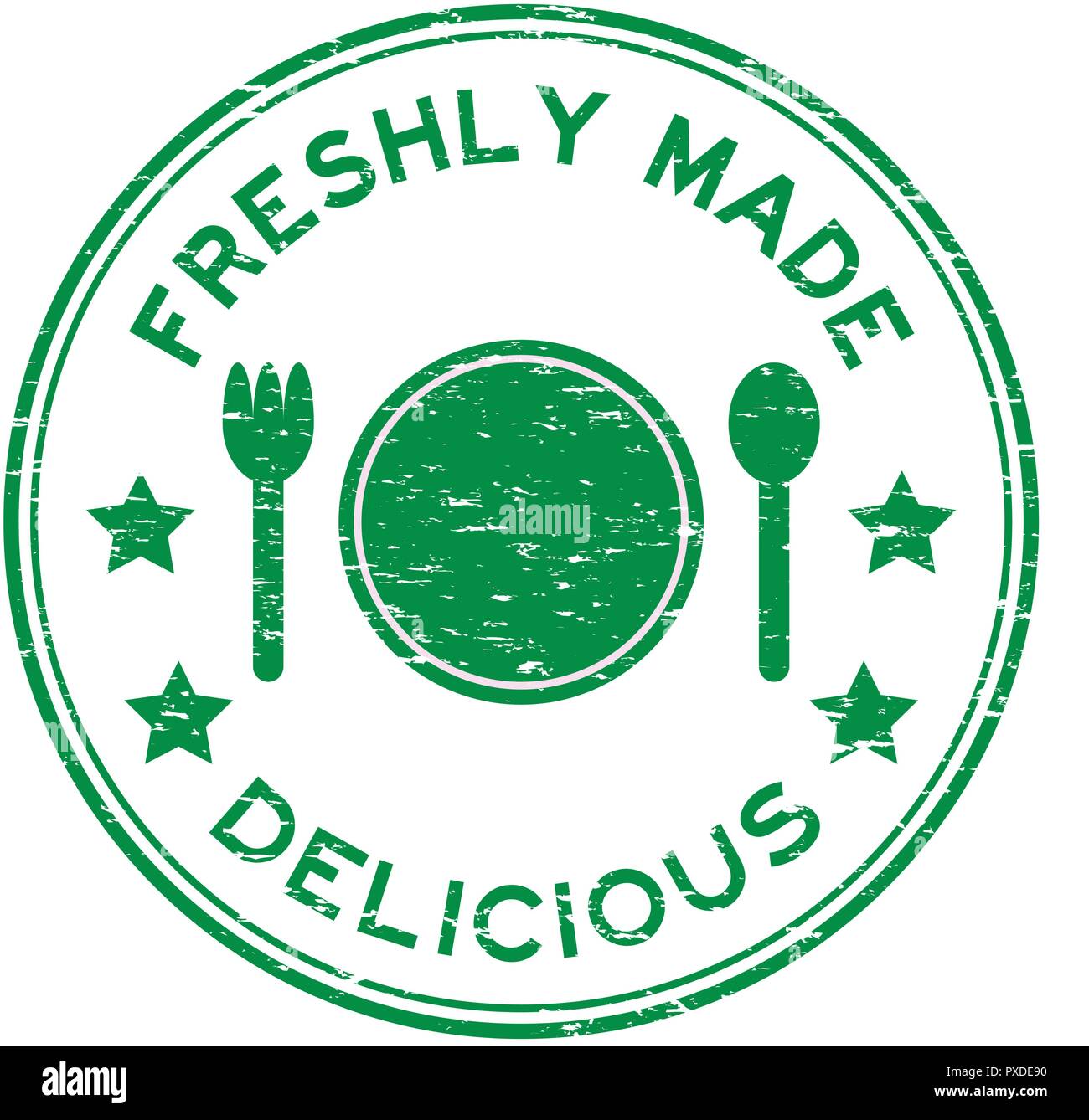 Grunge verde delicioso recién hecho con plato, cuchara, tenedor icono sello de goma redondos Ilustración del Vector