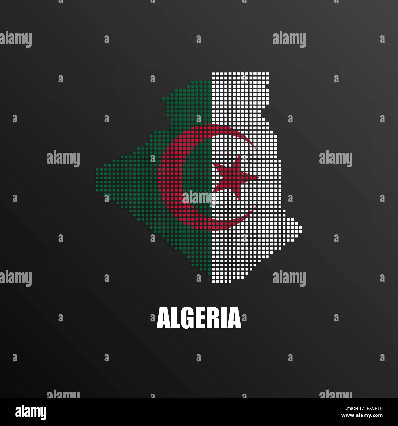 Ilustración vectorial de abstract halftone Mapa de Argelia hizo de píxeles cuadrados con los colores de la bandera nacional de Argelia para su diseño gráfico y web Ilustración del Vector