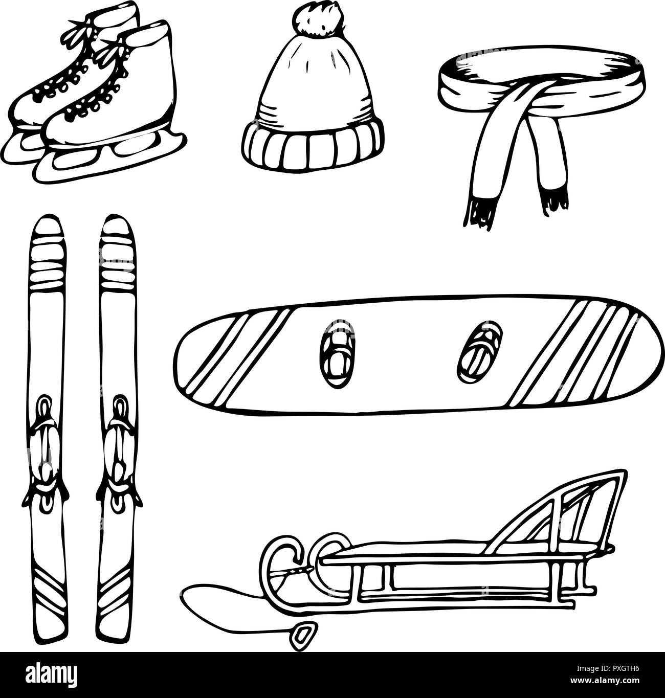 Conjunto de objetos dibujados a mano para vacaciones de invierno. Ilustración del Vector