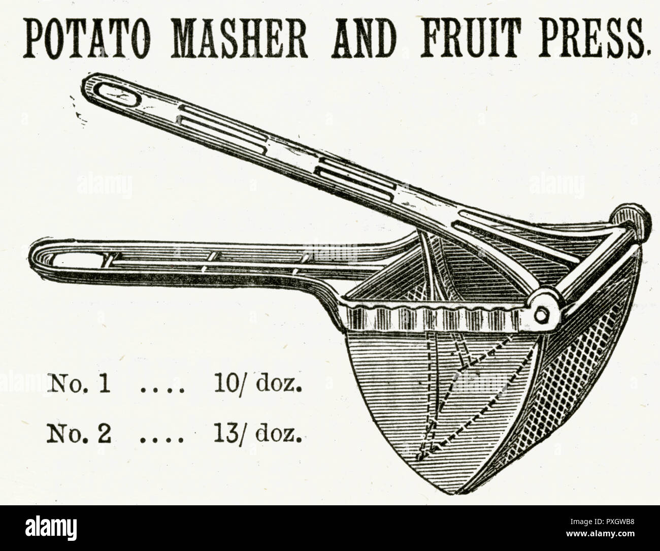 Machacador de patatas y prensa de frutas 1888 Foto de stock