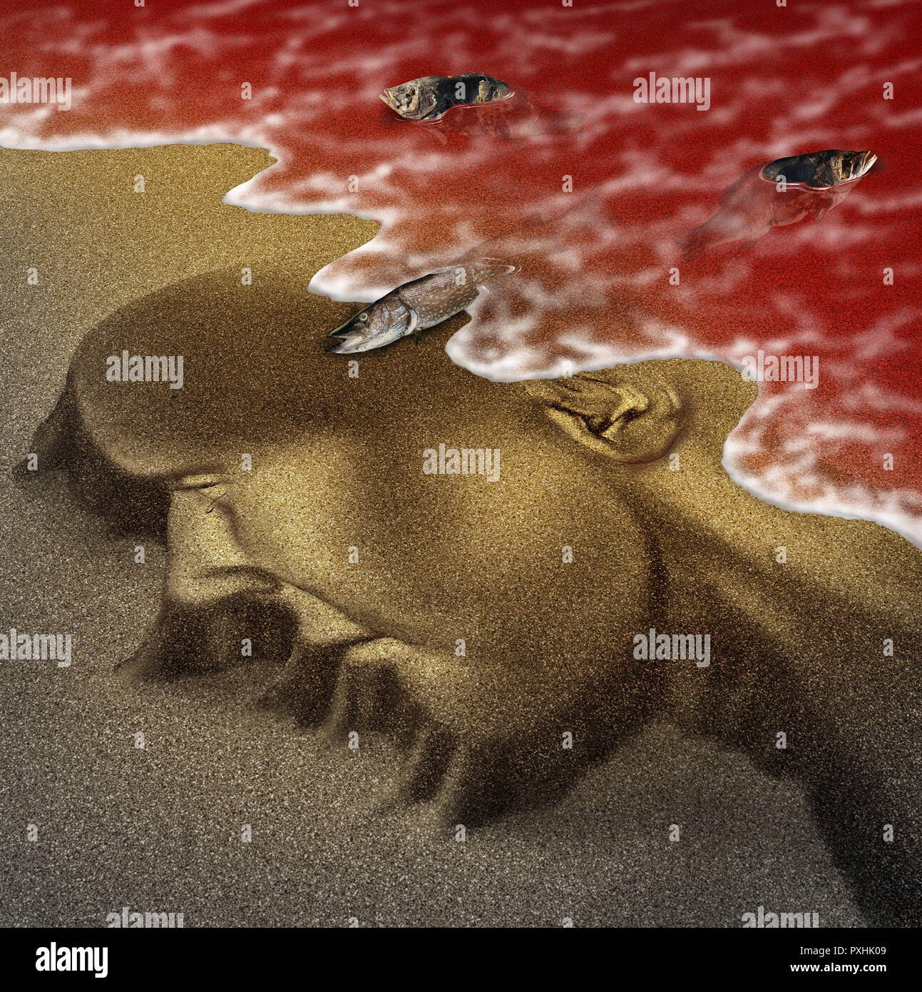 Concepto de playa Marea roja de advertencia de peligro para la salud humana como peligrosa toxina natural en el océano o mar como concepto de algas tóxicas naturales mortal. Foto de stock