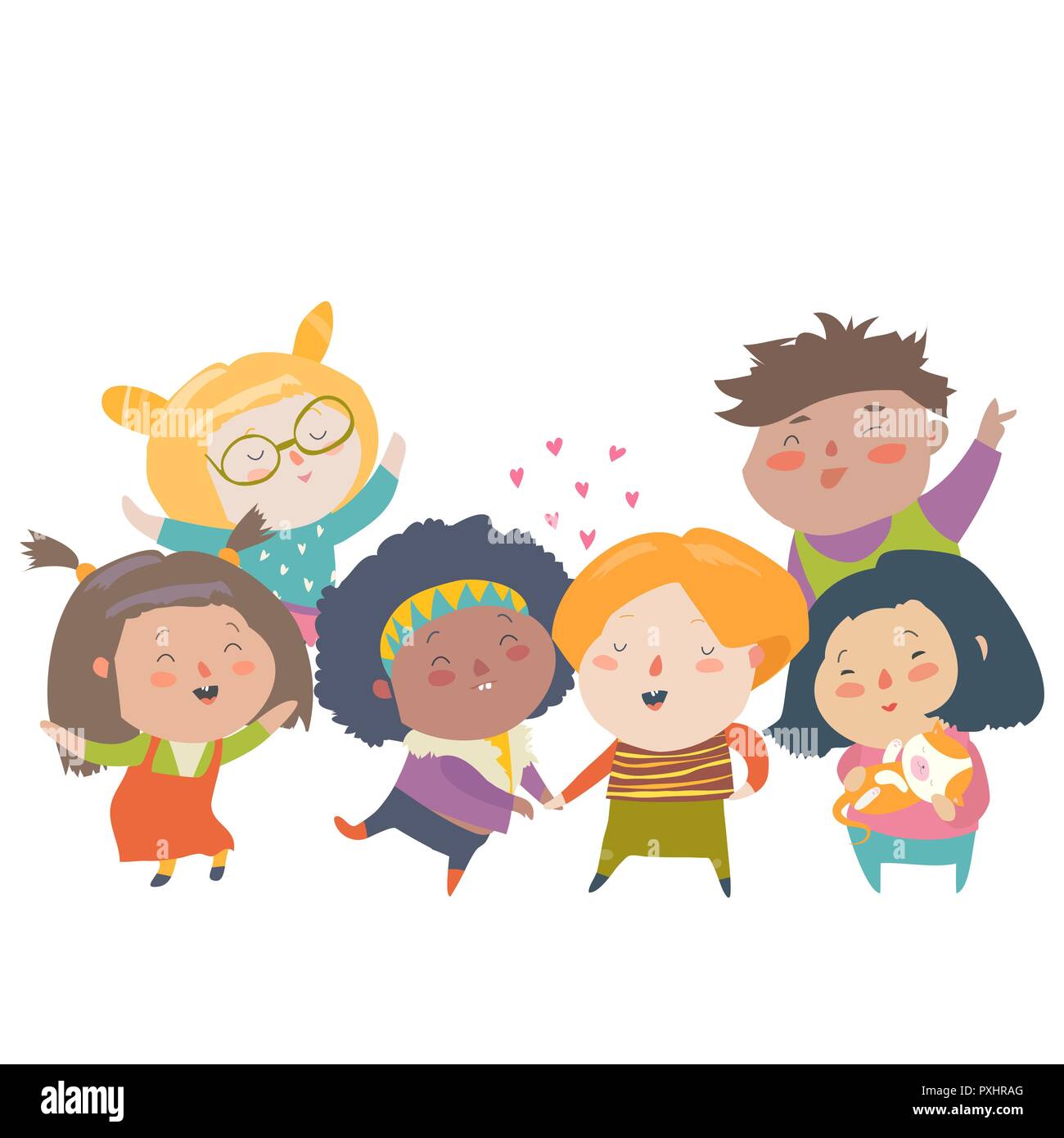 Grupo de niños de diferentes nacionalidades y color de piel. La igualdad racial, la tolerancia, la diversidad Ilustración del Vector