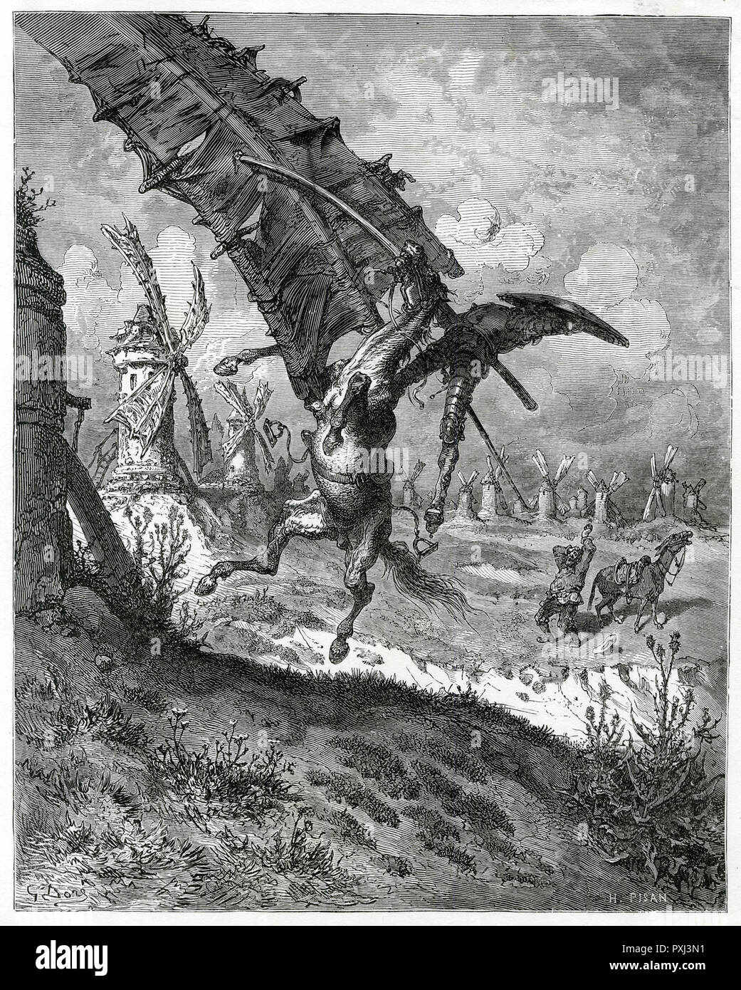 Don Quijote ataca a un molino de viento Foto de stock