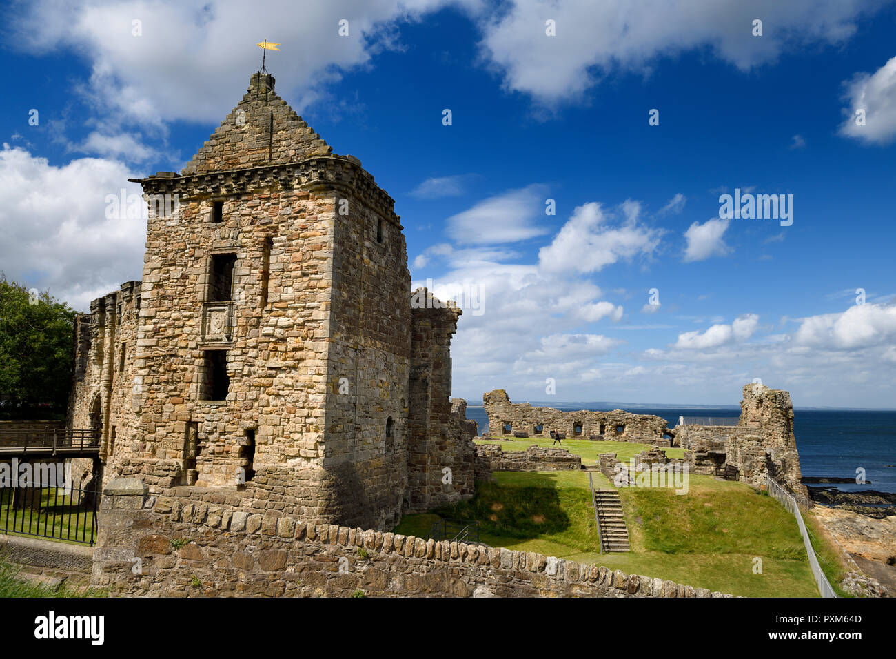 St Andrews Castle torre cuadrada del siglo XIII, ruinas de piedra exterier en la rocosa costa del Mar del Norte en Fife Reino Unido Escocia Foto de stock