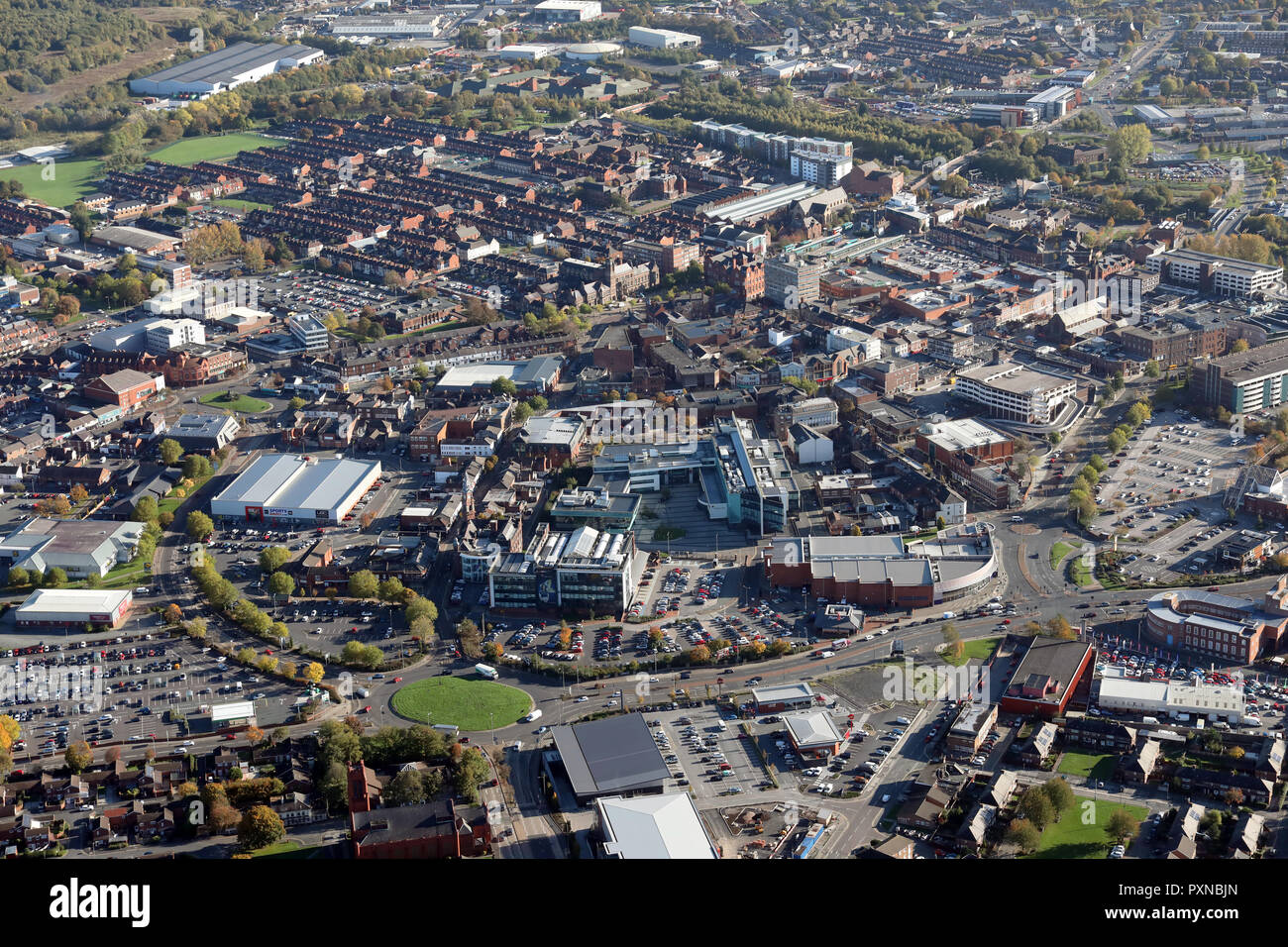 Imagen aérea del centro de la ciudad de St Helens Foto de stock