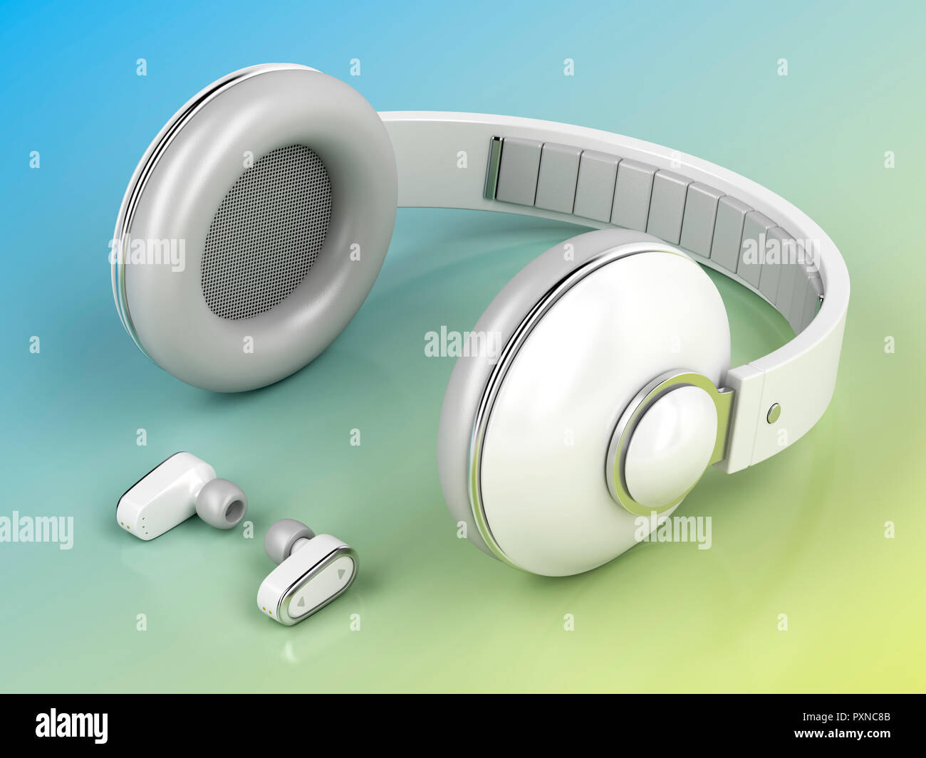 Pequeños y grandes auriculares inalámbricos, ilustración 3D