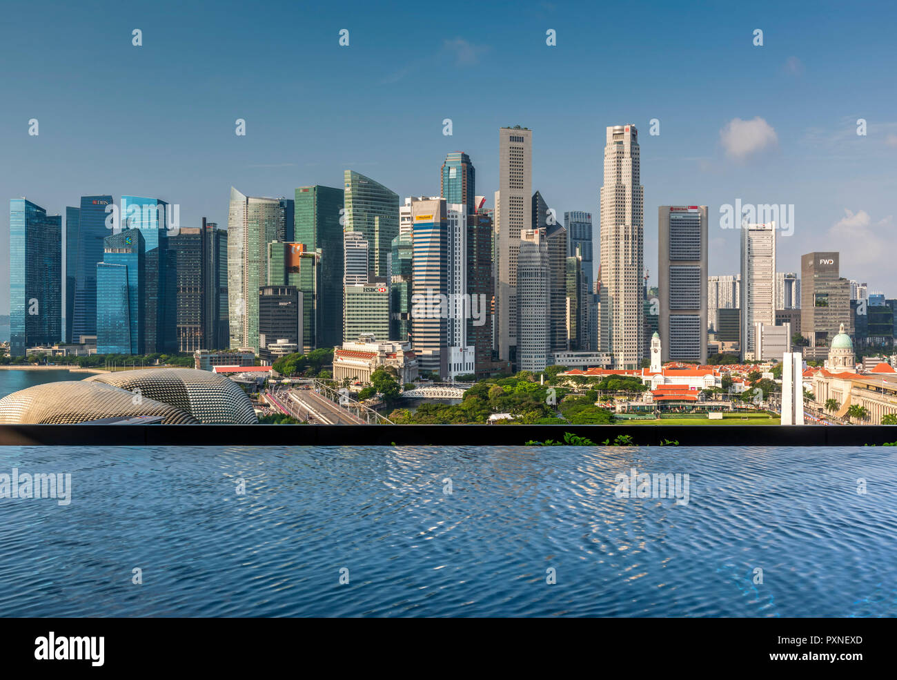Piscina infinity y distrito financiero skyline, Singapur Foto de stock