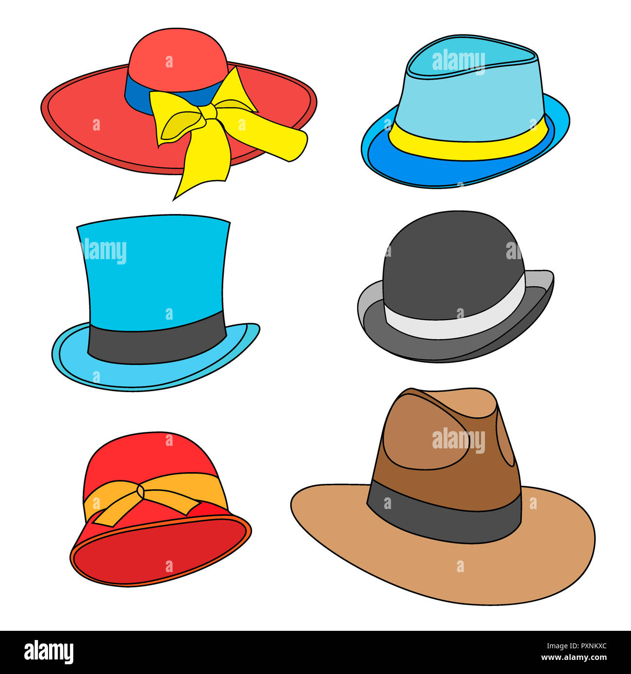 Serie de dibujos animados de sombreros masculinos y femeninos de modelos  antiguos. Aislado en blanco Fotografía de stock - Alamy