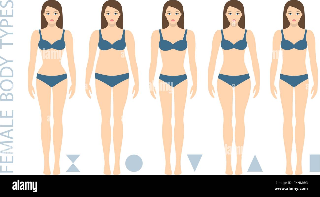 Figuras del cuerpo femenino. Formas de mujer, cinco tipos de reloj de arena, triángulo, triángulo invertido, rectángulo pera, ilustración vectorial Figuras del cuerpo femenino. Formas de mujer, cinco tipos de reloj de arena, triángulo, triángulo invertido, rectángulo pera, ilustración vectorial