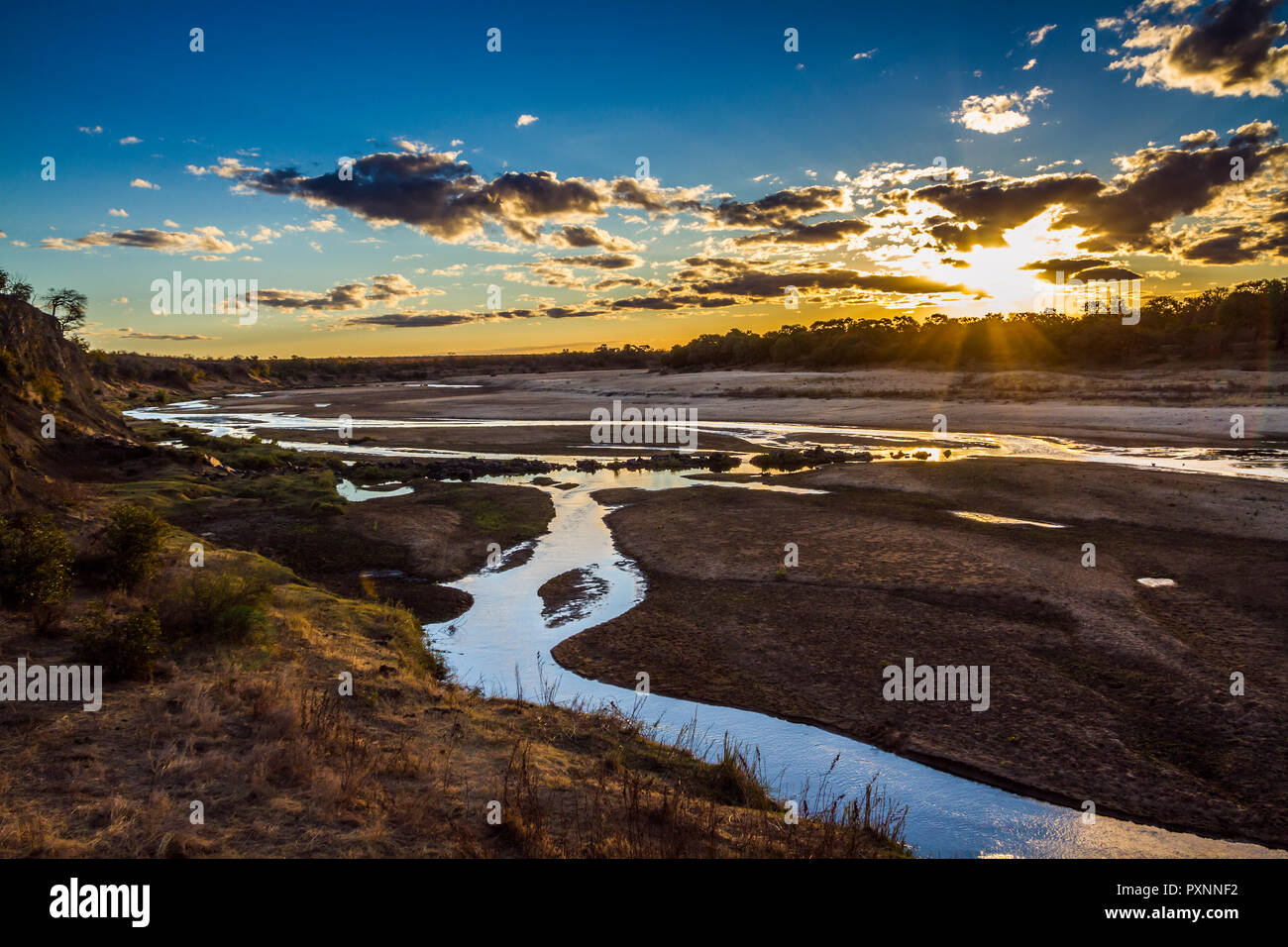 Atardecer en el Olifant paisaje de río en el Parque Nacional Kruger, Sudáfrica Foto de stock