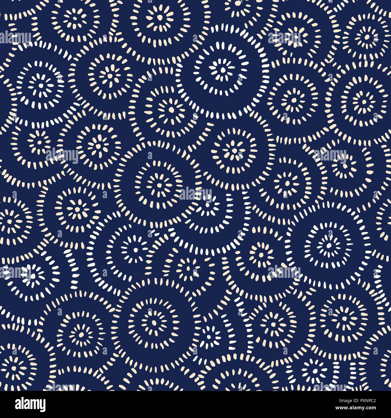 Indigo Hand-Drawn japonés textiles teñidos Vector patrón sin fisuras. Katazome Katagami círculos tradicionales de fondo. Marcas abstractas. Flores de papel de arroz Ilustración del Vector