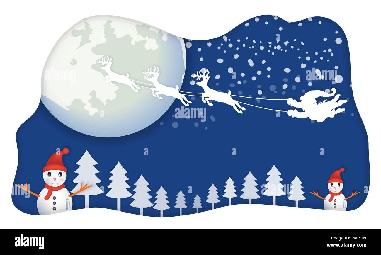 Santa,sin trineo, volando en el cielo azul se mueven por reno con gran  fullmoon y estrella en segundo plano durante el muñeco de nieve y la fila  de pino en el suelo,