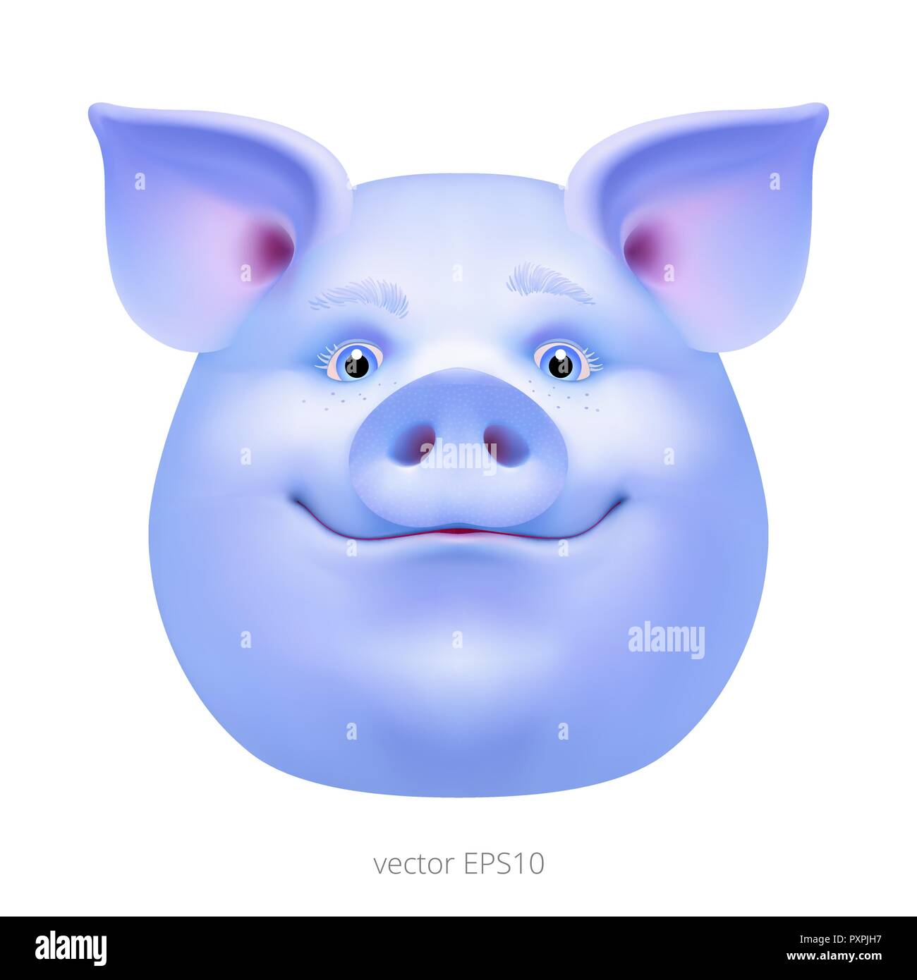 Cabeza de cerdo azul extraño. Vector retrato de una extraña Hog. Cara de  una fantasía con un cerdo y violeta azulado de la piel. Freaky de jabalí.  Gracioso animal magic Imagen Vector