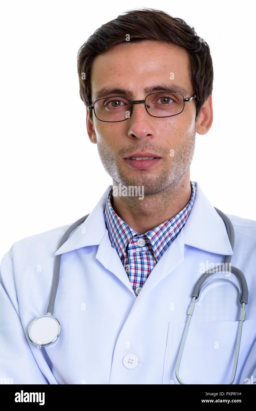 Cara de joven guapo doctor llevar gafas. Foto de stock