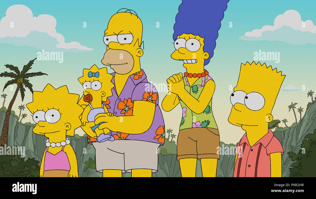 Los Simpsons, desde la izquierda: Lisa Simpson, Maggie Simpson, Homer  Simpson, Marge Simpson, Bart Simpson, 'Treehouse of Horror XXIX',  (temporada 30, ep. 3004, difundido el 21 de octubre de 2018). TM y