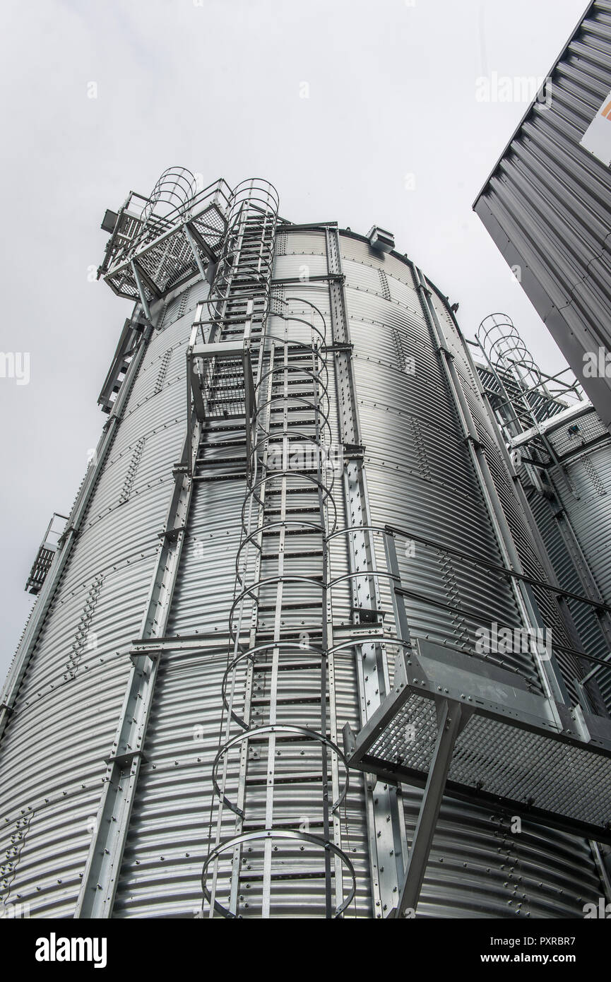 Buscando un silo de metal que se utiliza para almacenar los Granos/Cereales, Zwoleń, Masovian voivodato, Polonia Foto de stock
